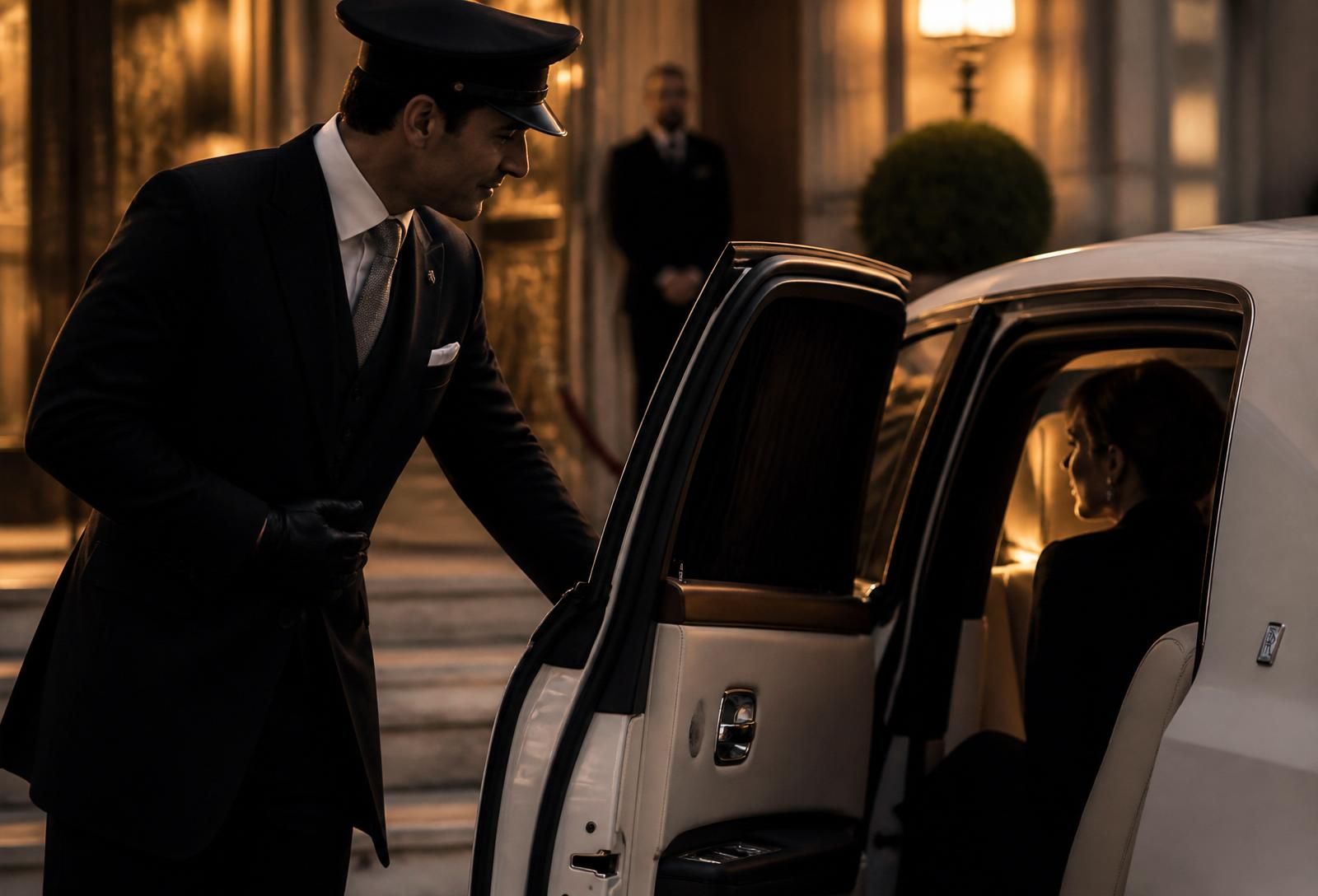 BeChauffeured chauffeur in a tailored suit opening the door of a white Rolls-Royce for a client outside a grand hotel