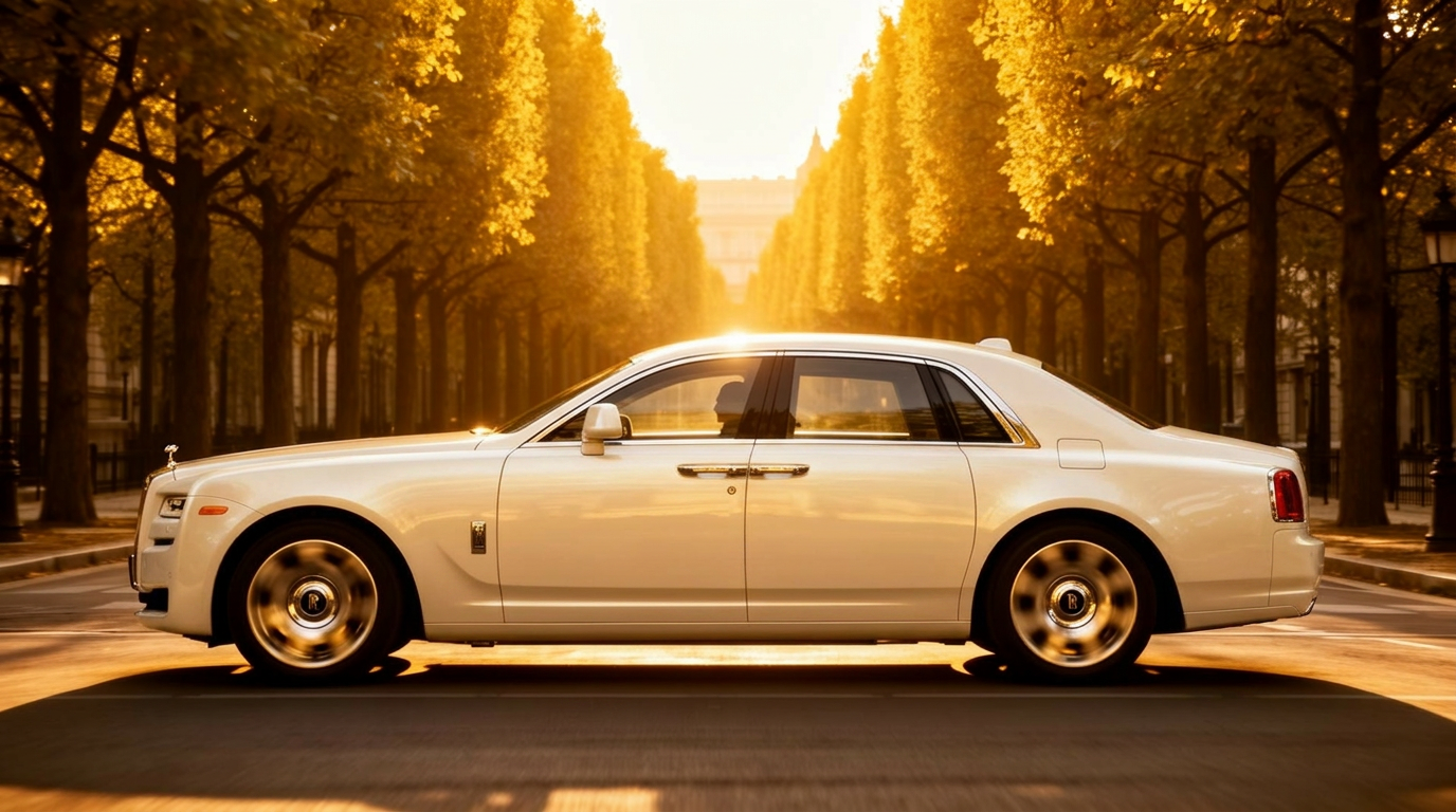 Rolls-Royce Ghost on a tree-lined avenue at golden hour